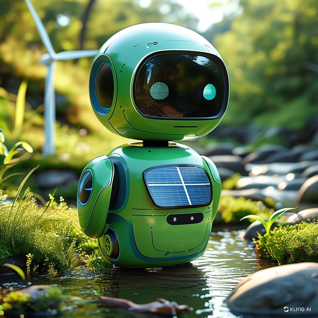 EcoBot, a small green robot with solar panels and a body made from recycled materials, standing in an eco-friendly landscape with solar panels and wind turbines.