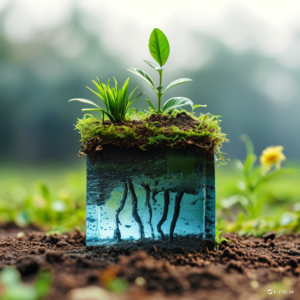 Hands holding a small plant with gadgets in the background, representing gadgets that reduce environmental impact.