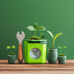 A set of green living gadgets, including tools and devices designed for sustainable, eco-friendly living.