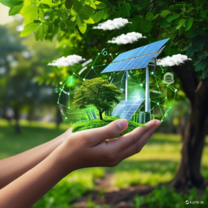 Hands holding a small solar panel, symbolizing sustainable energy innovations for clean energy solutions.