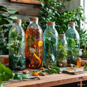 Recycled glass bottles on a table, representing zero-waste technology solutions to minimize environmental impact.