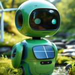 EcoBot, a small green robot with solar panels and a body made from recycled materials, standing in an eco-friendly landscape with solar panels and wind turbines.