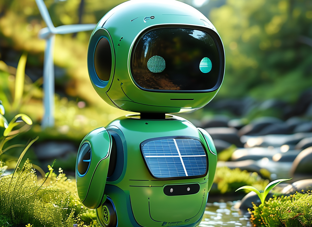 EcoBot, a small green robot with solar panels and a body made from recycled materials, standing in an eco-friendly landscape with solar panels and wind turbines.